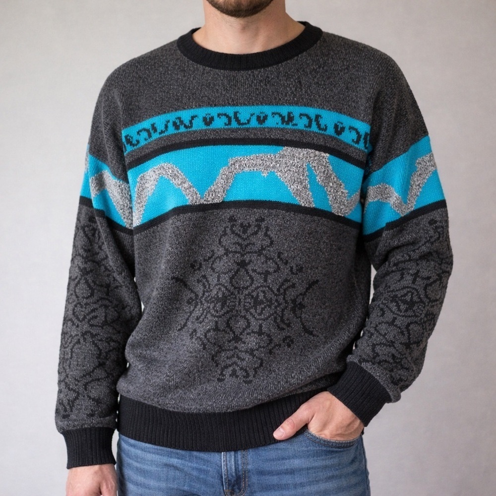 Vintage Nino Foriero Gray and Blue Abstract Crew neck Sweater, eclectic grandpa
